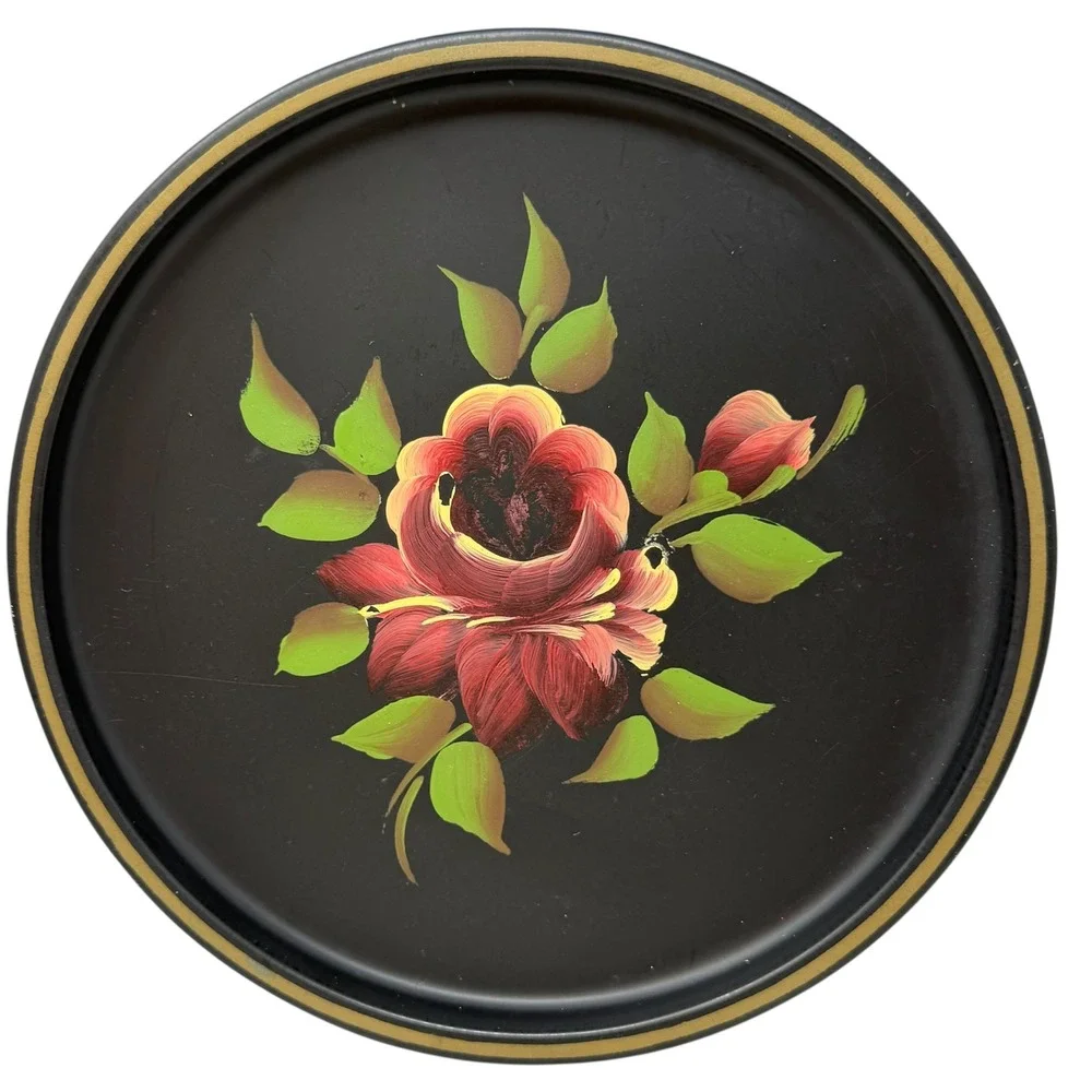 Vintage Hand Painted Tole Tin Plates Set of 4 Black Floral Rose Wall Decor 8